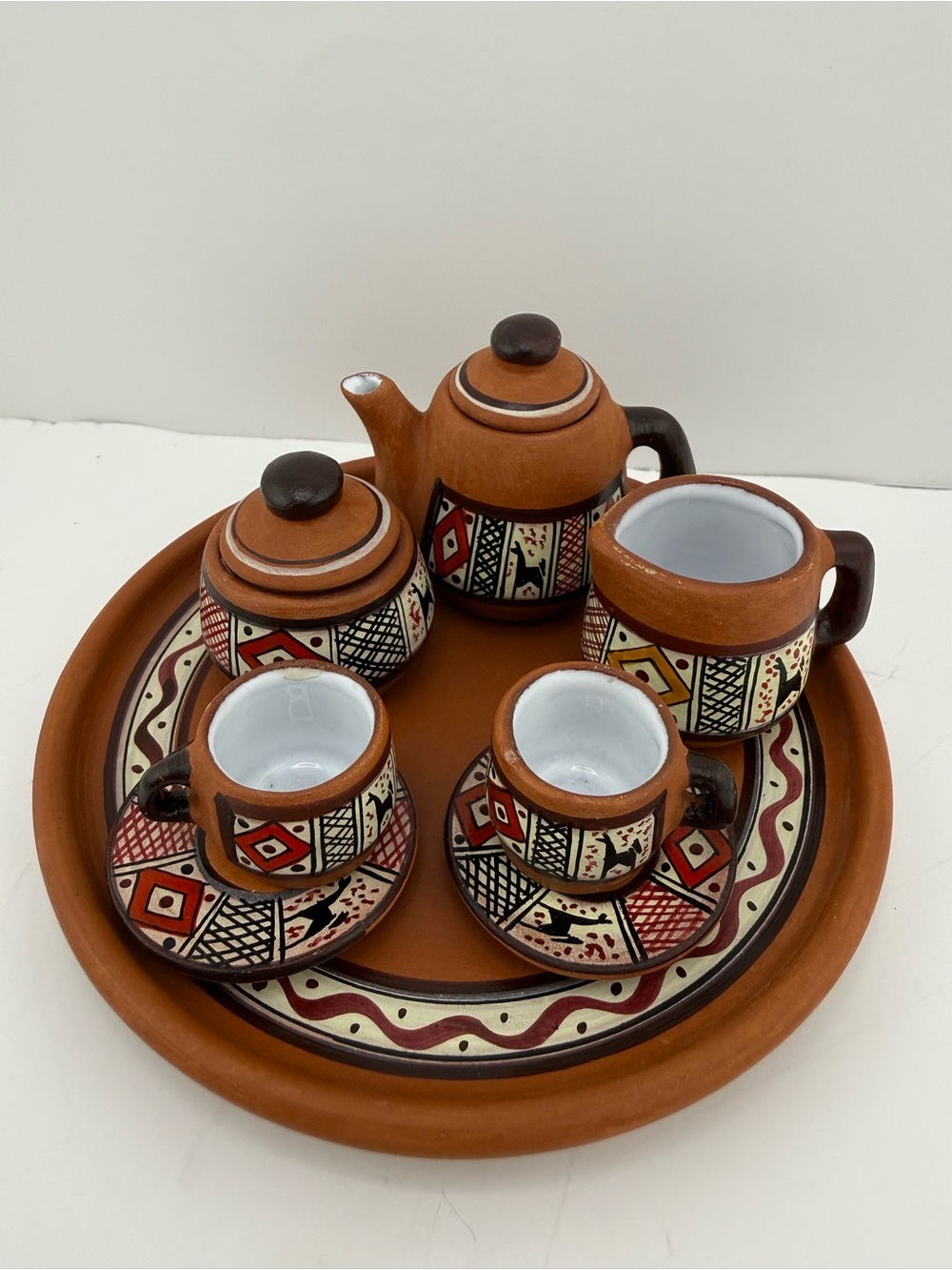 Vintage ~ Miniature Hand-Painted Clay Tea Set on Tray – Pottery